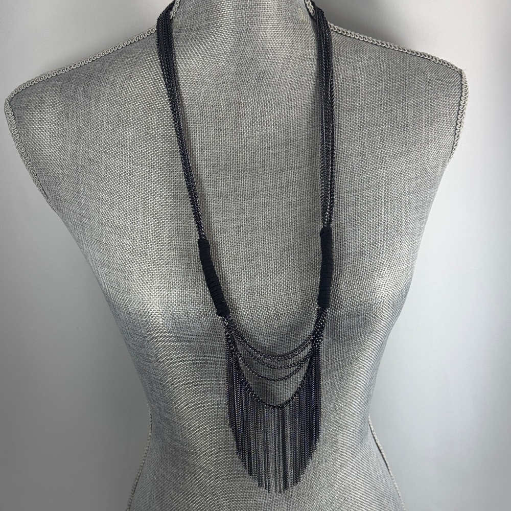 Black Multi Chain Necklace with leather detail 16”